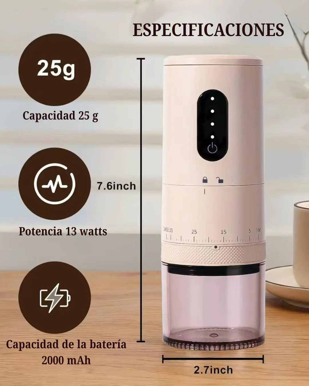 Molino Eléctrico Rosa con Regulador de Molienda Ajustable - Imagen 2