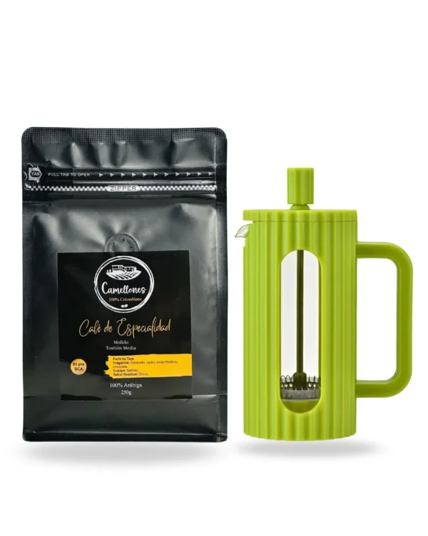 Pack Café Supremo 250g Molido Tostión Media + Prensa Francesa Oroley Verde de 350ml