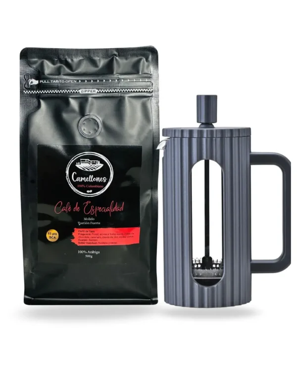 Pack Café Castillo 500g Molido Tostión Alta + Prensa Francesa Oroley Gris de 350ml