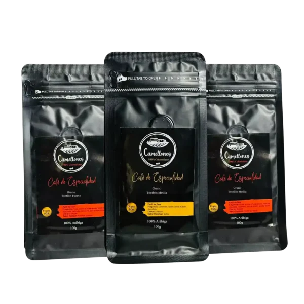 Pack de café en grano Camellones de especialidad 100% Arábica: tostión media y fuerte, 100g.