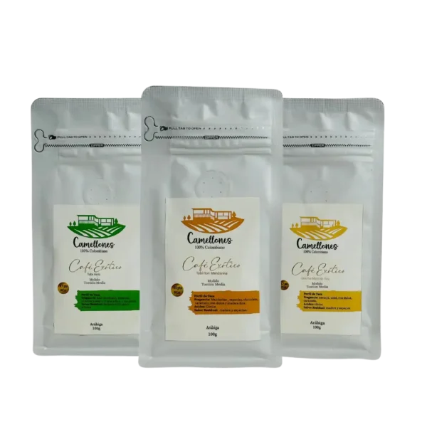 Pack de café molido exótico Camellones 100% Colombiano: sabores frutales, tostión media, 100g.