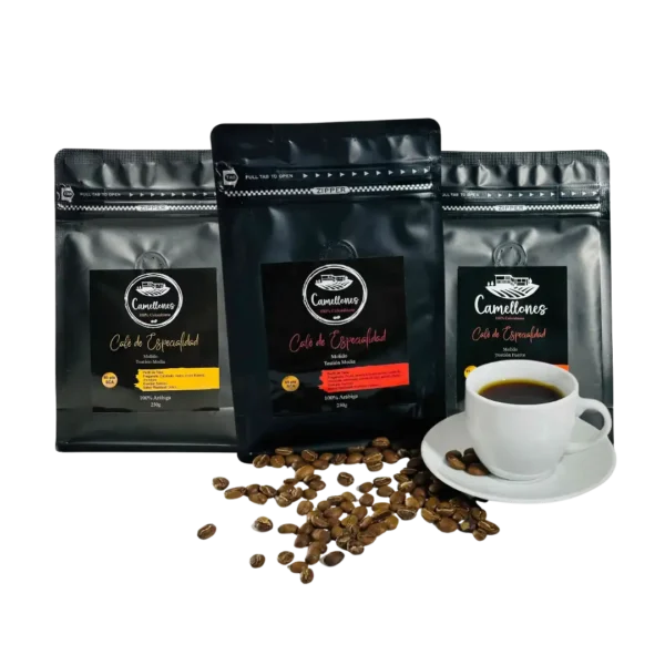 Pack de café molido Camellones de especialidad: descafeinado y espresso de tostión media y fuerte.