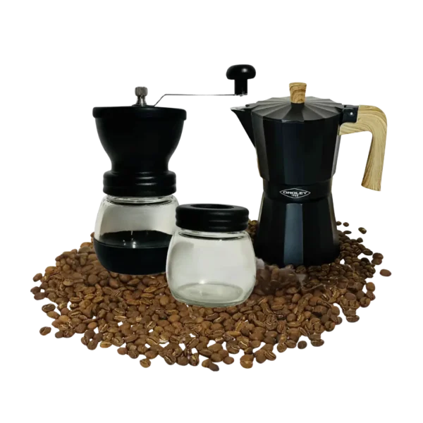 Set de café: molinillo de granos y cafetera italiana