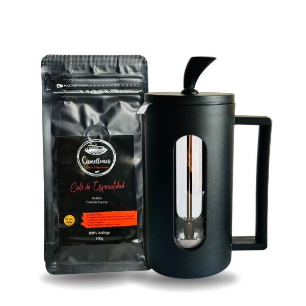 Pack Prensa Francesa de 350ml Negra Con Café Castillo Tostión Fuerte de 100g Molido