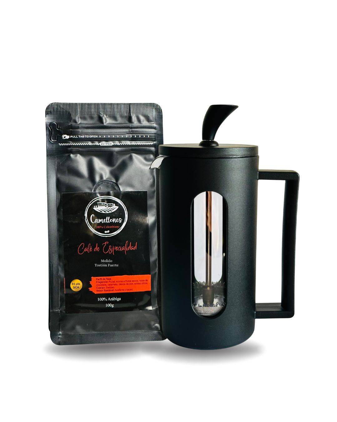 Pack Prensa Francesa de 350ml Negra Con Café Castillo Tostión Fuerte de 100g Molido