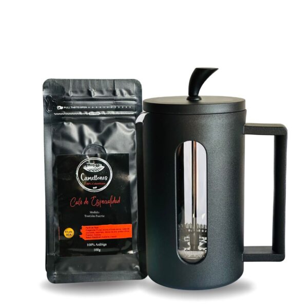 Pack Prensa Francesa de 600ml Negra Con Café Castillo Tostión Fuerte de 100g Molido