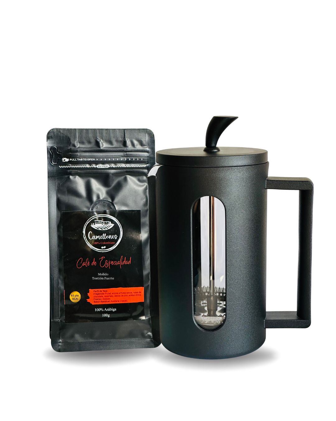 Pack Prensa Francesa de 600ml Negra Con Café Castillo Tostión Fuerte de 100g Molido