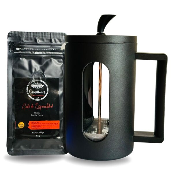 Pack Prensa Francesa de 800ml Negra Con Café Castillo Tostión Fuerte de 100g Molido