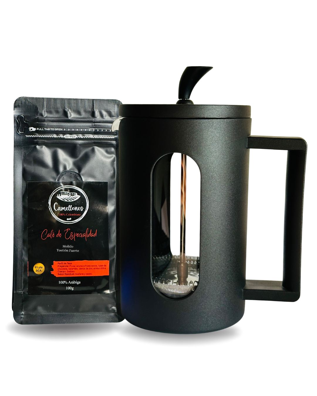 Pack Prensa Francesa de 800ml Negra Con Café Castillo Tostión Fuerte de 100g Molido