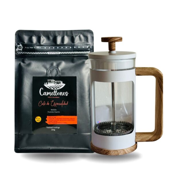 Pack Prensa Francesa de 350mlColor Blanco Con Café Castillo Tostión Fuerte de 250g Molido