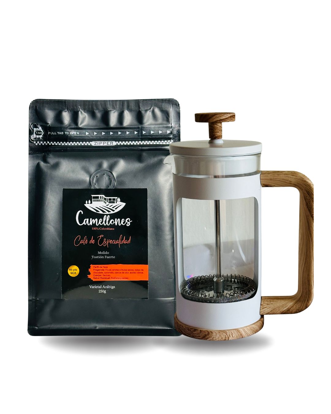 Pack Prensa Francesa de 350mlColor Blanco Con Café Castillo Tostión Fuerte de 250g Molido