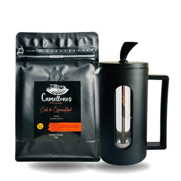 Pack Prensa Francesa de 350ml Negra Con Café Castillo Tostión Fuerte de 250g Molido