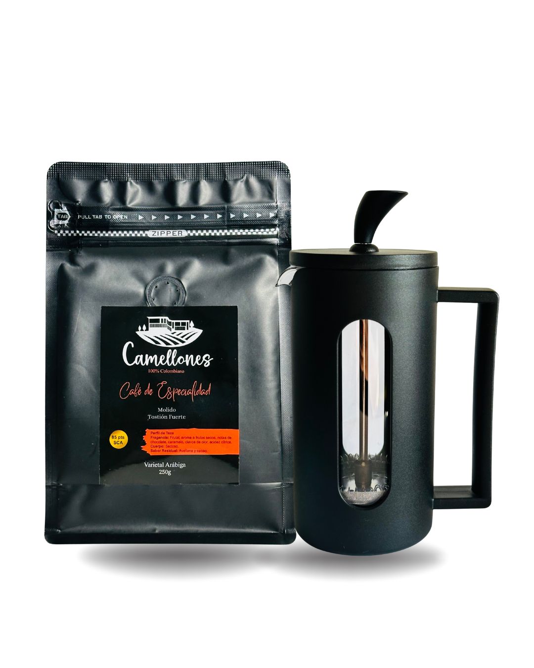 Pack Prensa Francesa de 350ml Negra Con Café Castillo Tostión Fuerte de 250g Molido