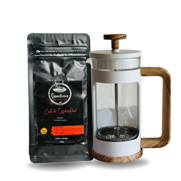 Pack Prensa Francesa de 350mlColor Blanco Con Café Castillo Tostión Fuerte de 100g Molido