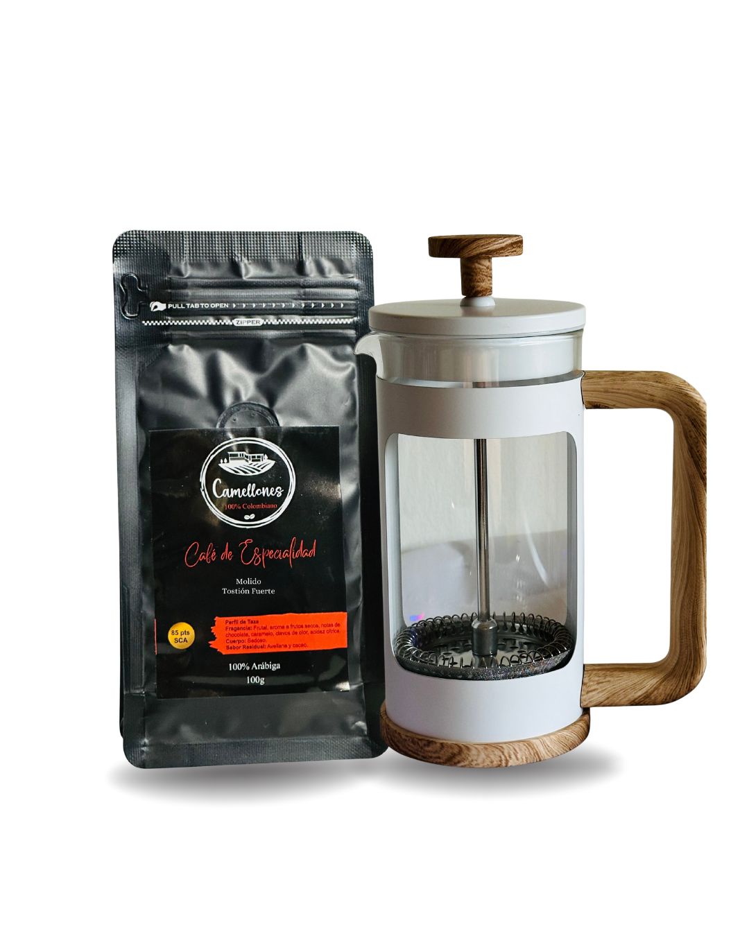 Pack Prensa Francesa de 350mlColor Blanco Con Café Castillo Tostión Fuerte de 100g Molido