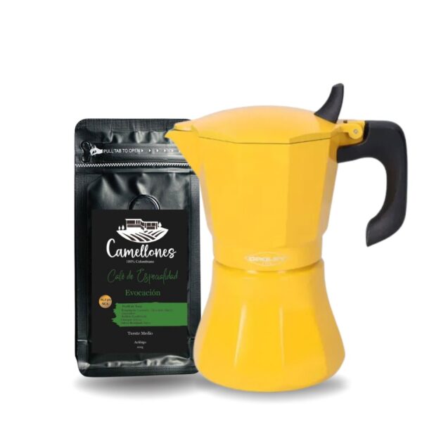 Pack Café Evocación 100g Molido Tostión Media + Cafetera Italiana Amarilla de  6 Tazas