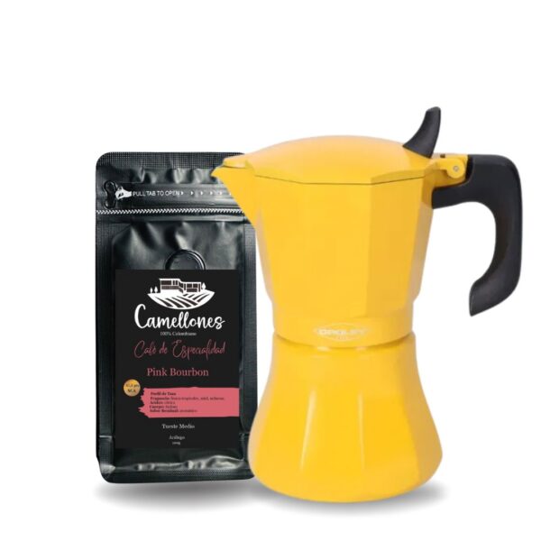 Pack Café Pink Bourbon 100g Molido Tostión Media + Cafetera Italiana Amarilla de 6 Tazas