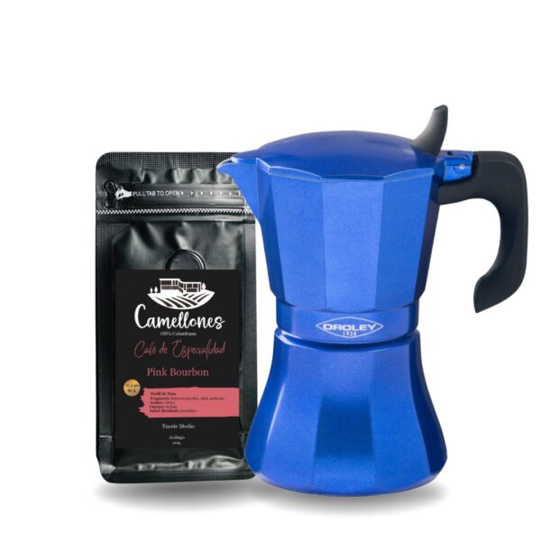 Pack Café Pink Bourbon 100g Molido Tostión Media + Cafetera Italiana Azul de  6 Tazas