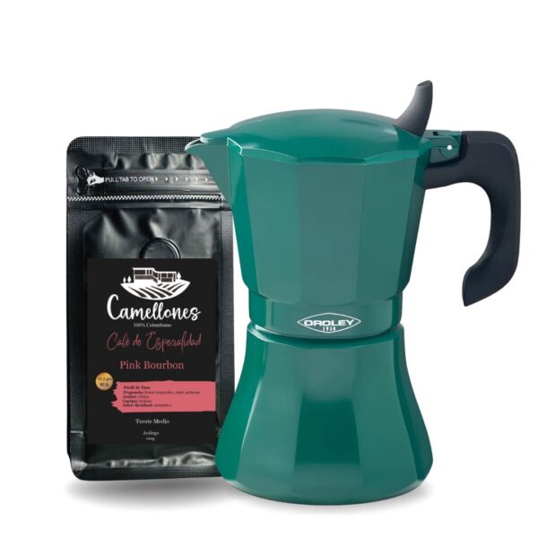 Pack Café Pink Bourbon 100g Molido Tostión Media + Cafetera Italiana Verde de  6 Tazas