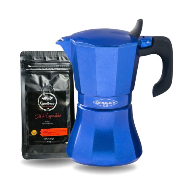 Pack Café Castillo 100g Molido Tostión Alta + Cafetera Italiana Azul de 9 Tazas