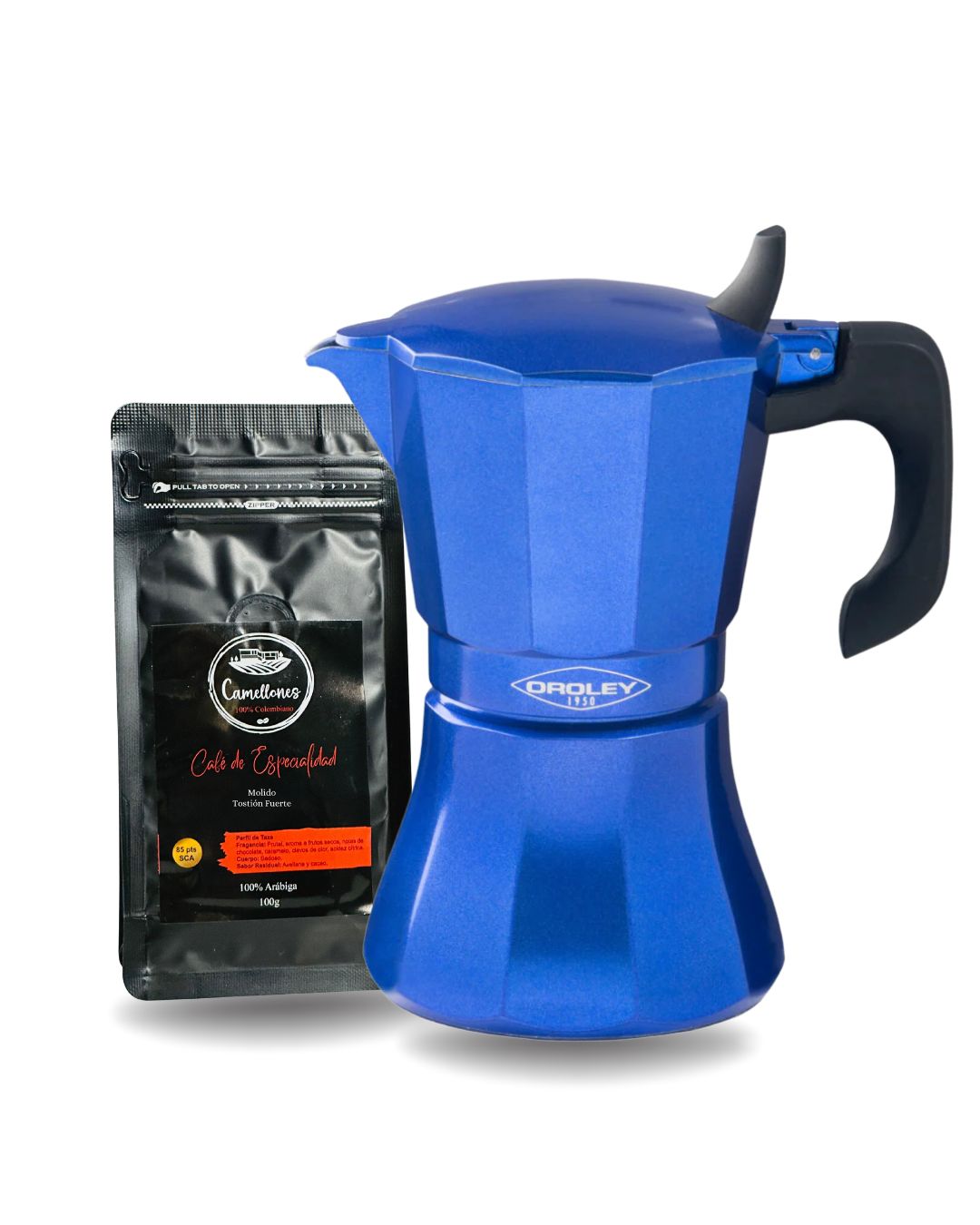 Pack Café Castillo 100g Molido Tostión Alta + Cafetera Italiana Azul de 9 Tazas