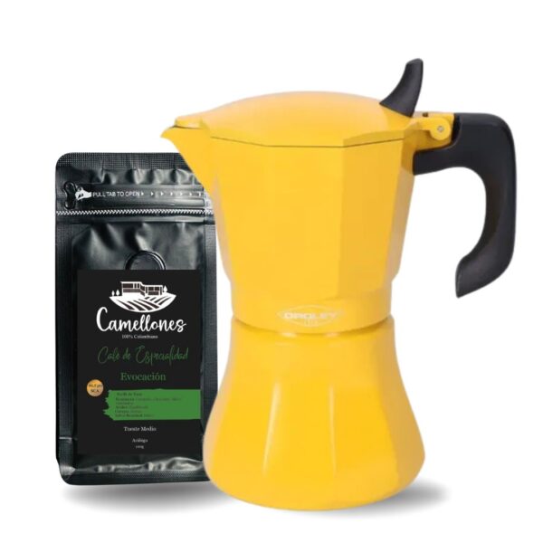 Pack Café Evocación 100g Molido Tostión Media + Cafetera Italiana Amarilla de 9 Tazas