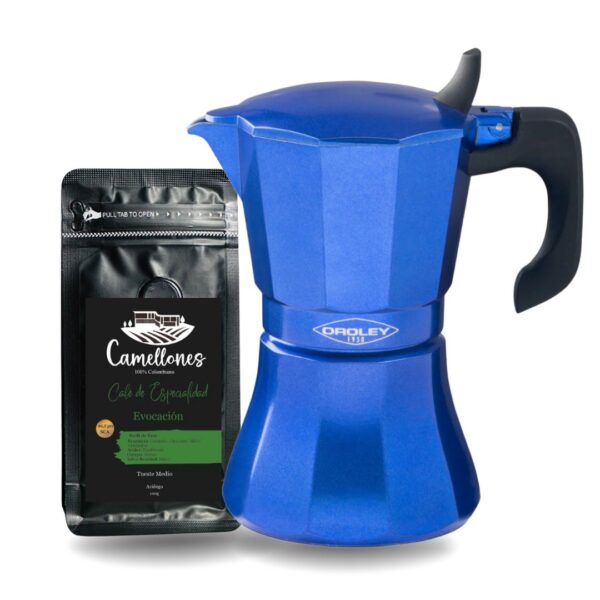 Pack Café Evocación 100g Molido Tostión Media + Cafetera Italiana Azul de  9 Tazas