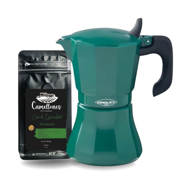 Pack Café Evocación 100g Molido Tostión Media + Cafetera Italiana Verde de 9 Tazas
