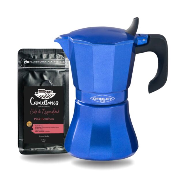 Pack Café Pink Bourbon 100g Molido Tostión Media + Cafetera Italiana Azul de  9 Tazas