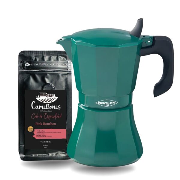 Pack Café Pink Bourbon 100g Molido Tostión Media + Cafetera Italiana Verde de 9 Tazas