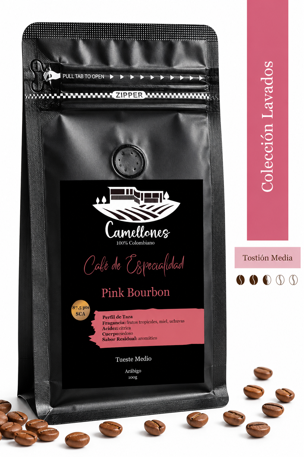 Café Pink Bourbon Molido, Tostión Media de 100g