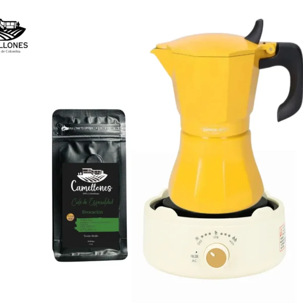 Pack Cocina Eléctrica Portátil Blanca + Moka Amarilla de 9 Tazas + Café Evocación 100g