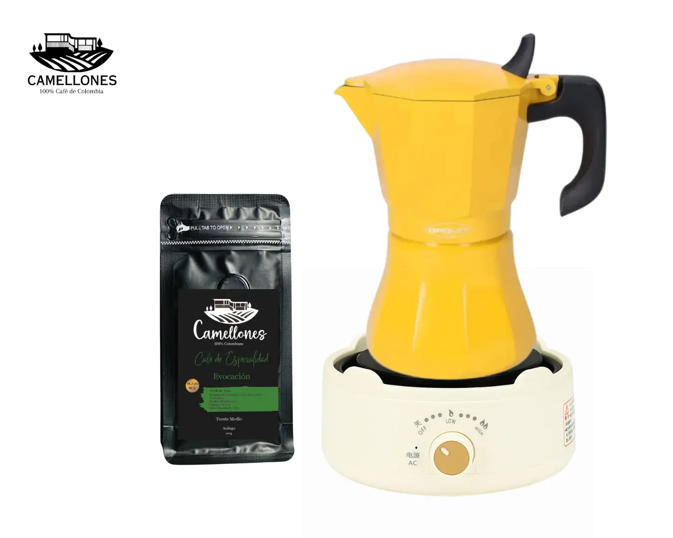 Pack Cocina Eléctrica Portátil Blanca + Moka Amarilla de 9 Tazas + Café Evocación 100g