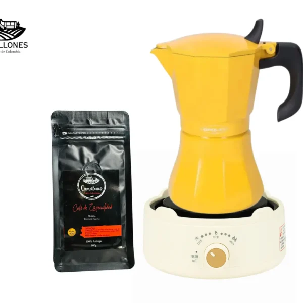 Pack Cocina Eléctrica Portátil Blanca + Moka Amarilla de 9 Tazas + Café Castillo 100g Molido
