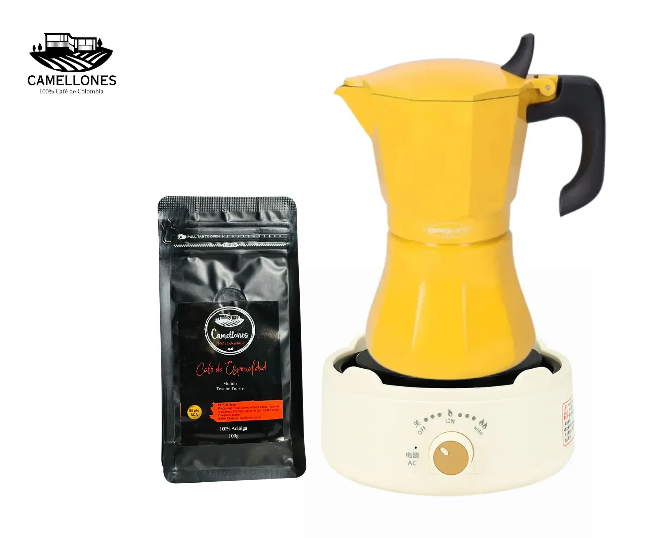 Pack Cocina Eléctrica Portátil Blanca + Moka Amarilla de 9 Tazas + Café Castillo 100g Molido