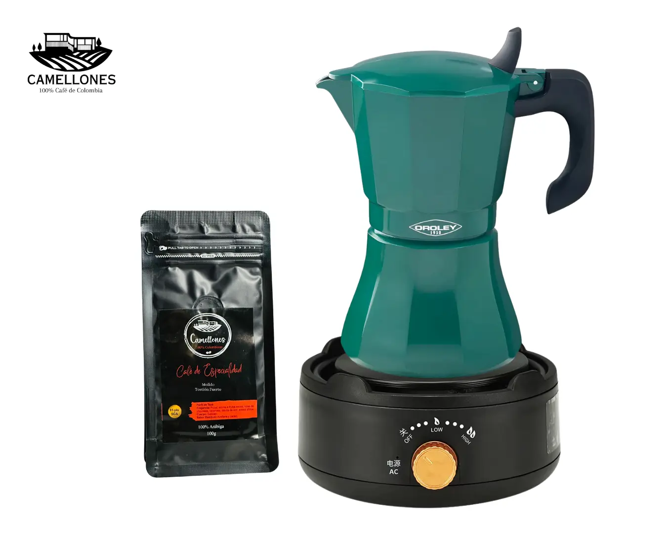 Pack Cocina Eléctrica Portátil Negra + Moka Verde de 9 Tazas + Café Castillo 100g Molido