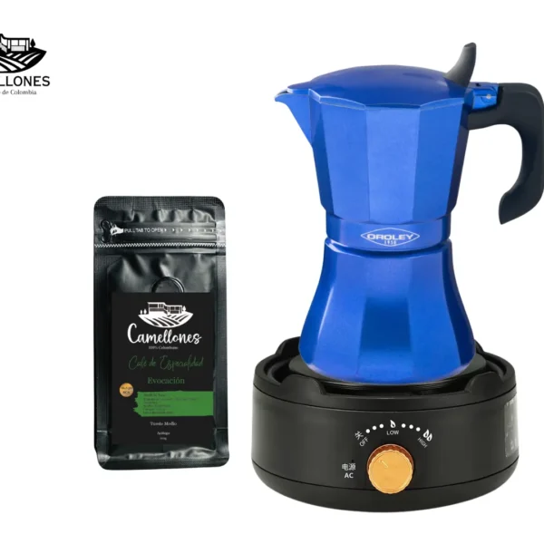 Pack Cocina  Eléctrica Portátil Negra + Moka Azul de 9 Tazas + Café Evocación de 100g Molido