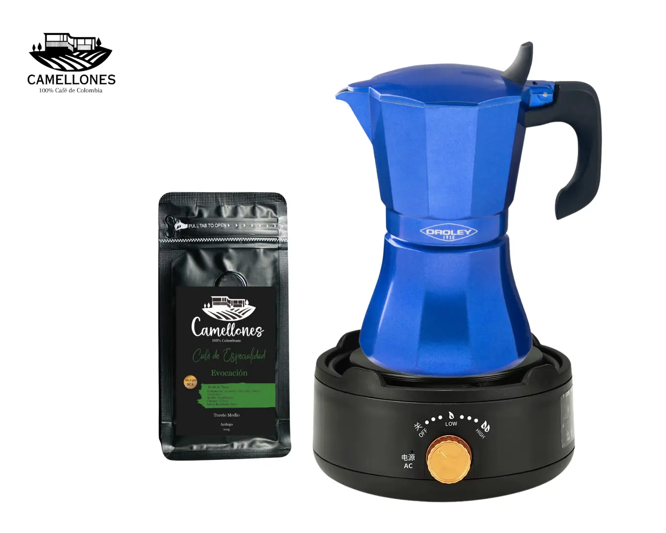 Pack Cocina Eléctrica Portátil Negra + Moka Azul de 9 Tazas + Café Evocación de 100g Molido