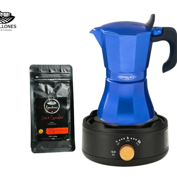 Pack Cocina Eléctrica Portátil Negra + Moka Azul de 9 Tazas + Café Castillo 100g Molido