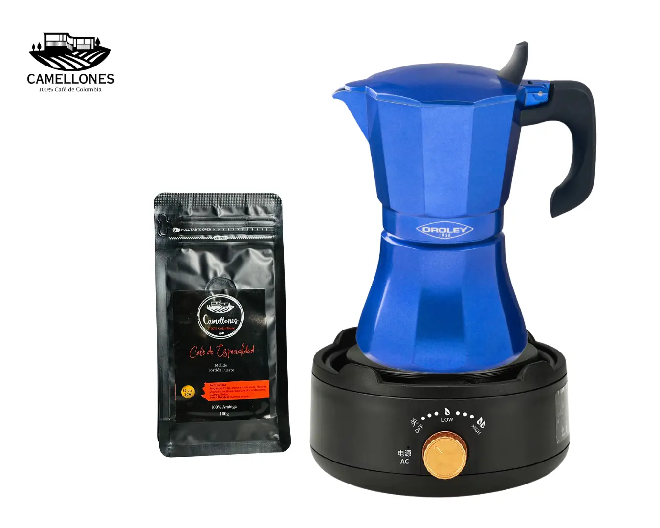 Pack Cocina Eléctrica Portátil Negra + Moka Azul de 9 Tazas + Café Castillo 100g Molido