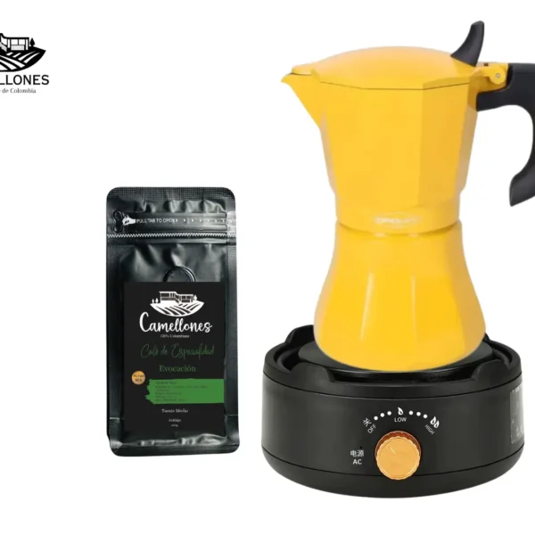 Pack Cocina Eléctrica Portátil Negra + Moka Amarilla de 9 Tazas + Café Evocación 100g Molido