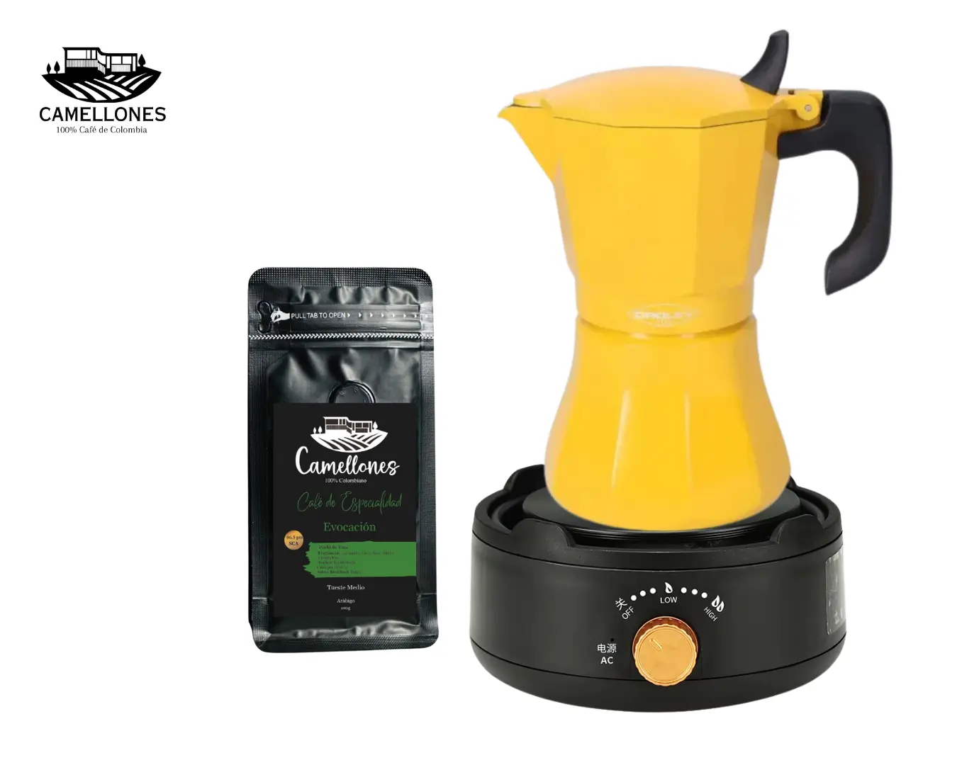 Pack Cocina Eléctrica Portátil Negra + Moka Amarilla de 9 Tazas + Café Evocación 100g Molido