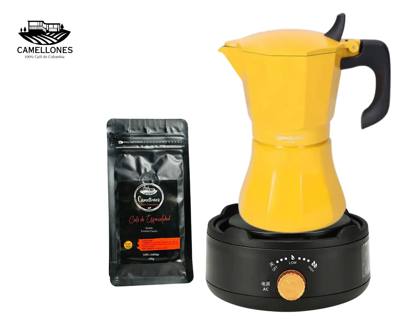 Pack Cocina Eléctrica Portátil Negra + Moka Amarilla de 9 Tazas + Café Castillo 100g Molido