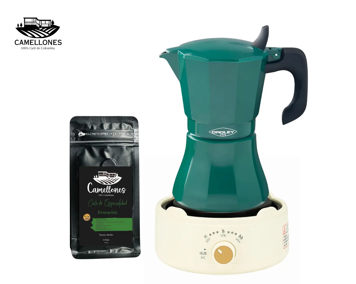 Pack Cocina Eléctrica Portátil Blanca + Moka Verde de 9 Tazas + Café Evocación 100g Molido