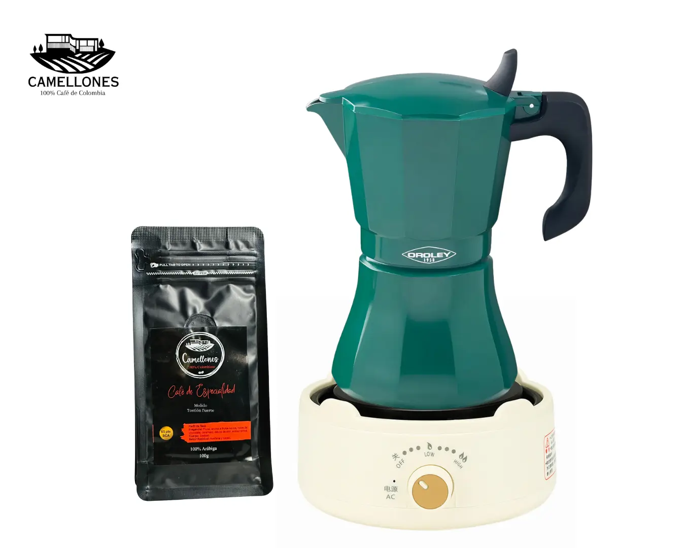 Pack Cocina Eléctrica Portátil Blanca + Moka Verde de 9 Tazas + Café Castillo 100g Molido