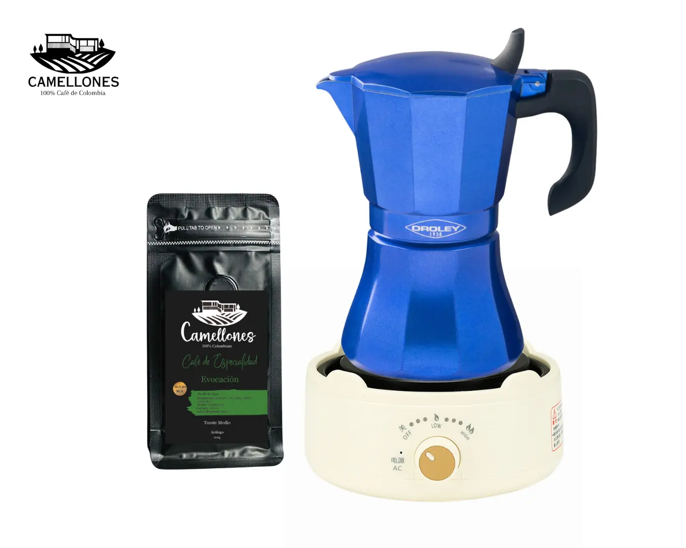 Pack Cocina Eléctrica Portátil Blanca + Moka Azul de 9 tazas + Café Evocación de 100g Molido