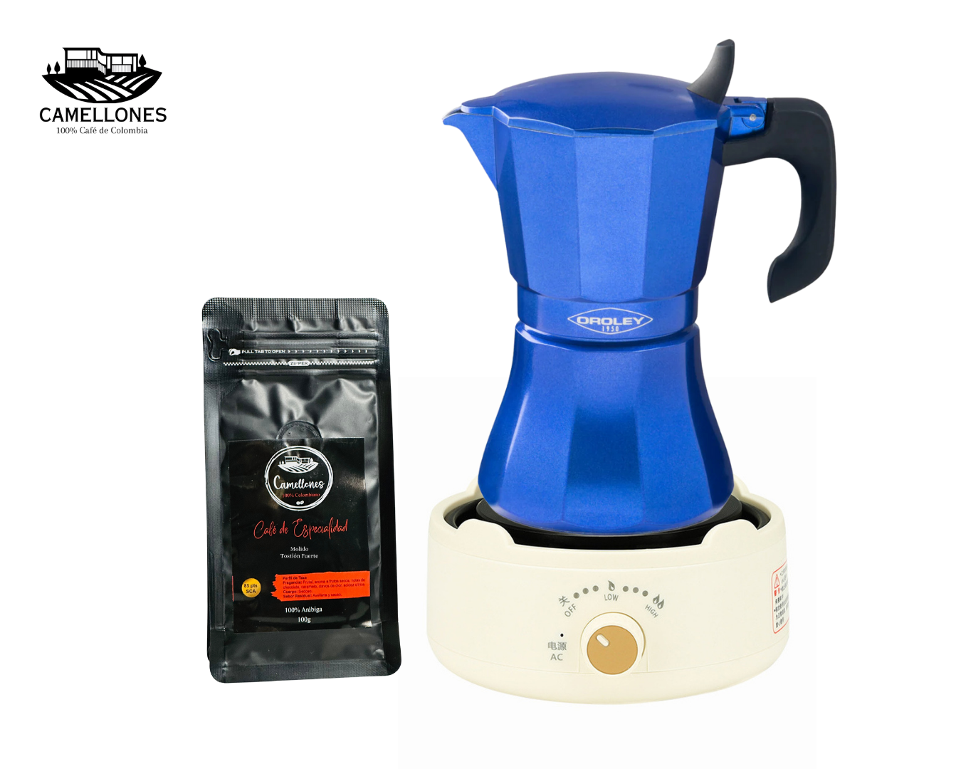 Pack Cocina Eléctrica Portátil Blanca + Moka Azul de 9 tazas + Café Castillo 100g Molido