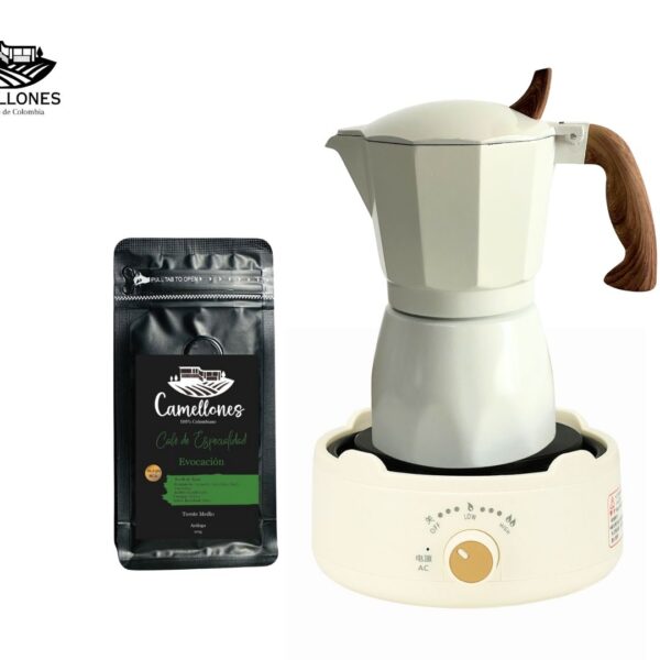 Pack Cocina Eléctrica Portátil Blanca + Moka Crema de 6 tazas + Café Evocación 100g Molido