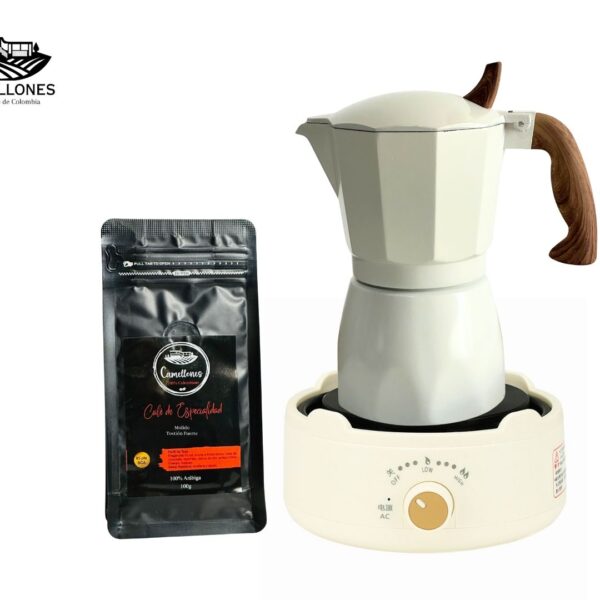 Pack Cocina Eléctrica Portátil Blanca + Moka Crema de 6 tazas + Café Castillo 100g Molido