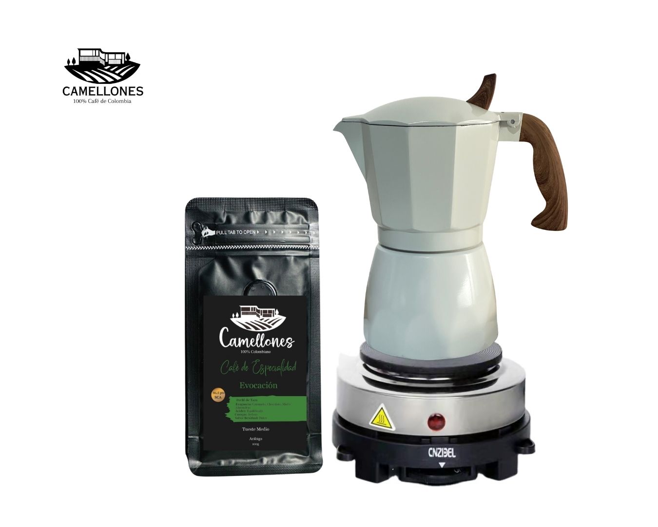 Pack Cocina Eléctrica Portátil Gris + Moka Crema de 6 tazas + Café Evocación 100g Molido
